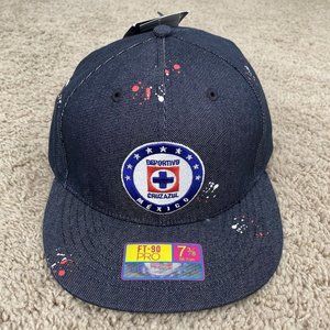 Cruz Azul Fan Ink Hat Football Soccer Navy Paint Splatter Fitted‎ 7 3/8 Cap NWT